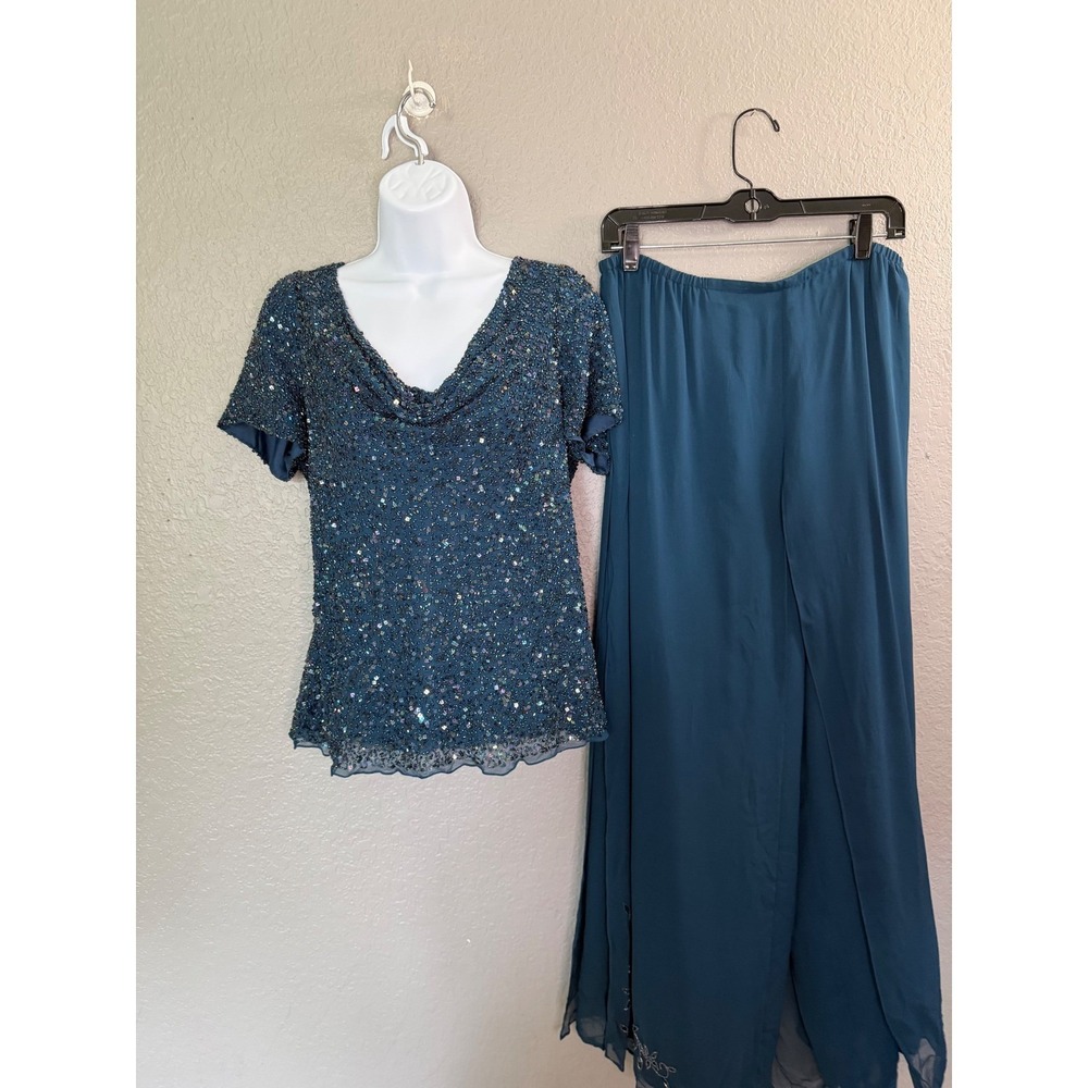 Papell Studio Teal 100% Silk Beaded Sequin 2 Piece Skirt Set L Formal Wedding